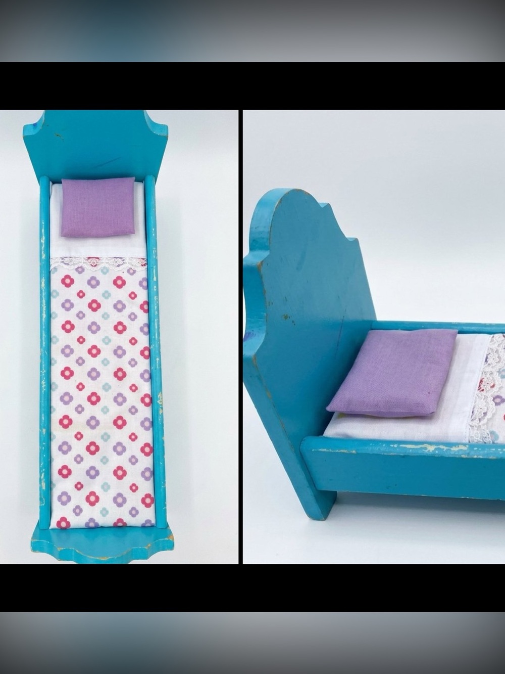 VTG KidKraft Wooden Doll Bed Pastel Floral Mattress & Purple Pillow Set 13x6”